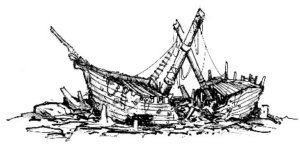 A black and white sketch of a wrecked pirate ship