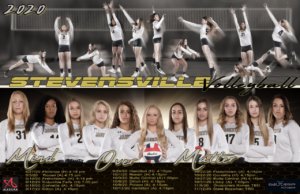 The Stevensville Schools Volleyball Team Poster with each Varsity player posing on the bottom half in their uniforms, with actions shots of each player above
