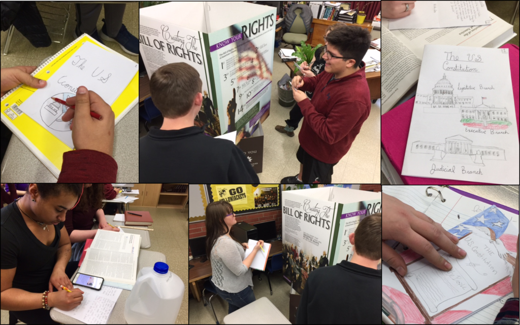 A collage of photos Mr Wells US Government Class viewing displays on the Bill of Rights and US Constitution and creating their own foldable versions.