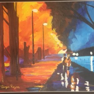 A painting shows a night time street with lamp posts and a wet reflective pavement