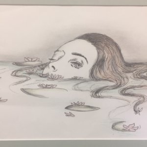 A pencil sketch of a woman in the water with her head partially out of the water