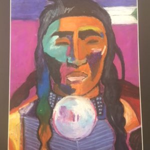 A painting of a native american man with his eyes closed
