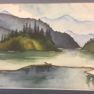 A watercolor sketch of a river