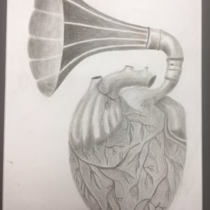 A pencil sketch of a heart that leads to an old record player phonograph