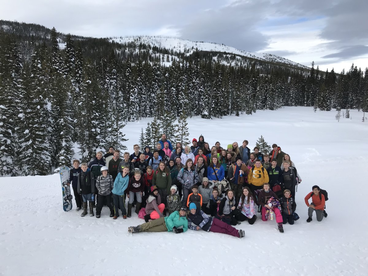 A photo of all students and teachers who attended at Lost Trail Ski Area posing for a picture