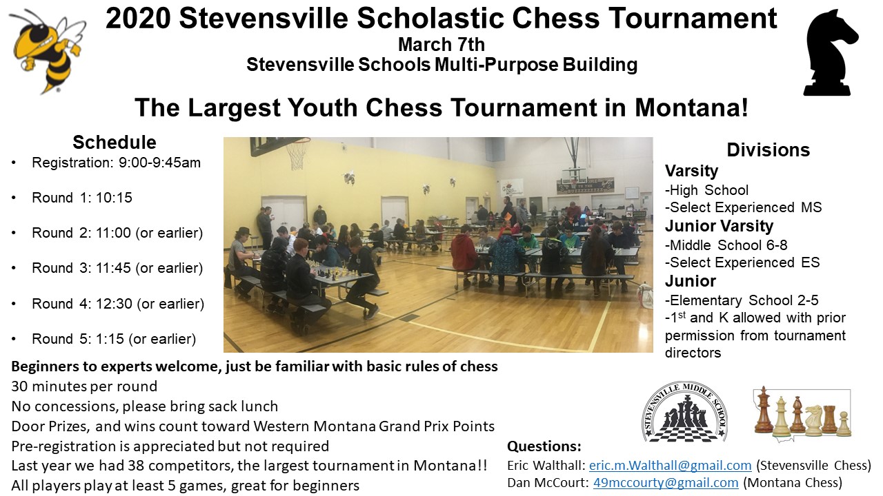 The flyer for the Stevensville Scholastic Chess Tournament please contact Eric Walthall at eric.m.walthall@gmail.com for more information