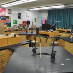 A photo of our high school chemistry lab showing original 1960s tables and sinks