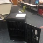 A photo of a chromebook charging station in the HS Libarary