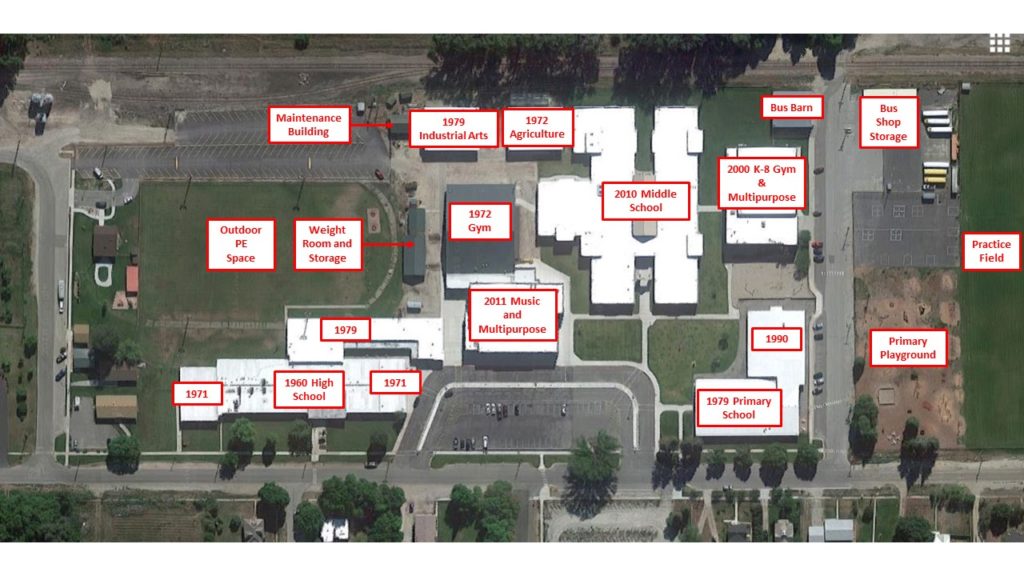 A overhead image of the campus with the dates of construction/renovation for each building