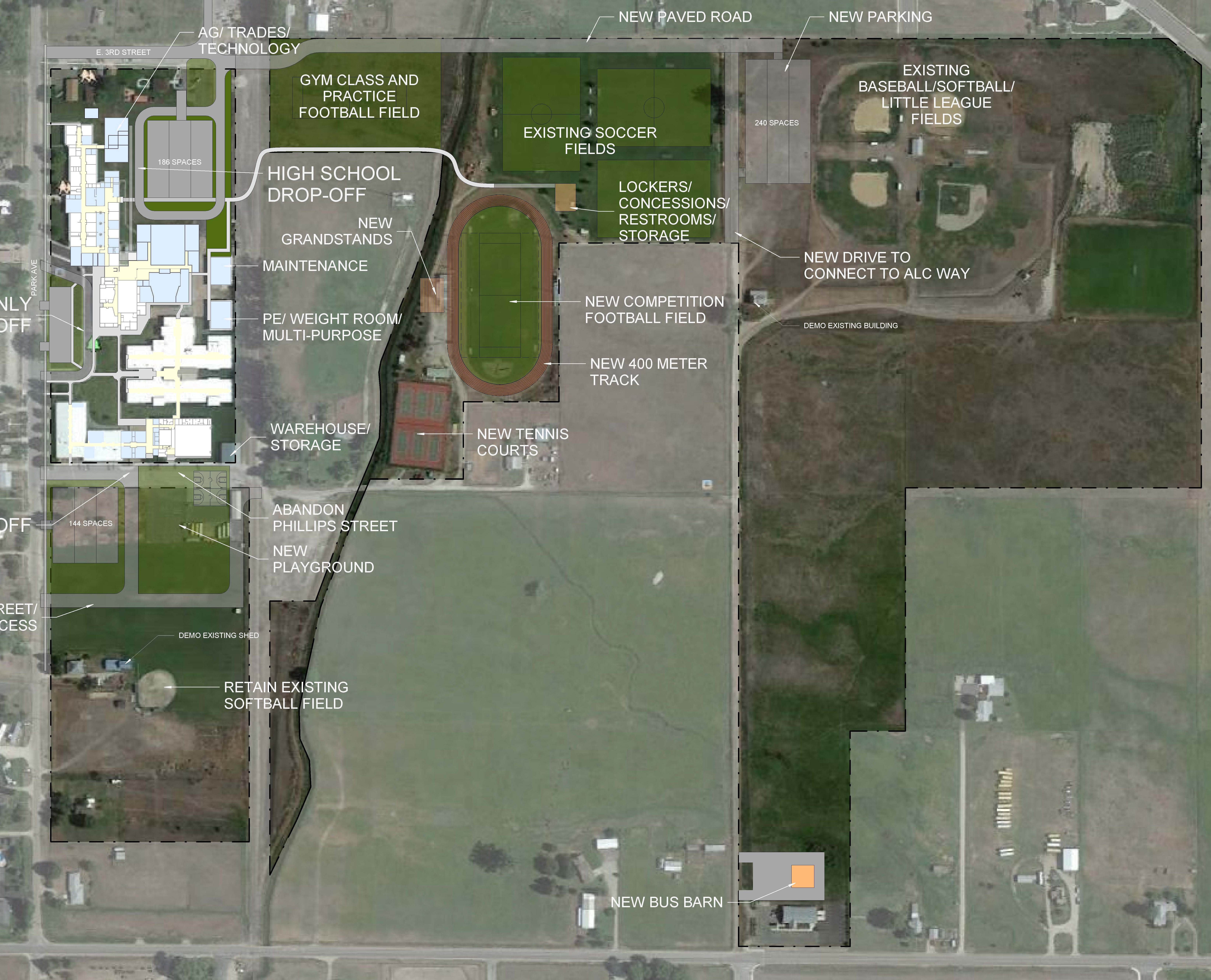 An image of the 20 year master/site plan for all potential School Bond projects being considered. For a description of all items please call 406-777-5481 ext 136