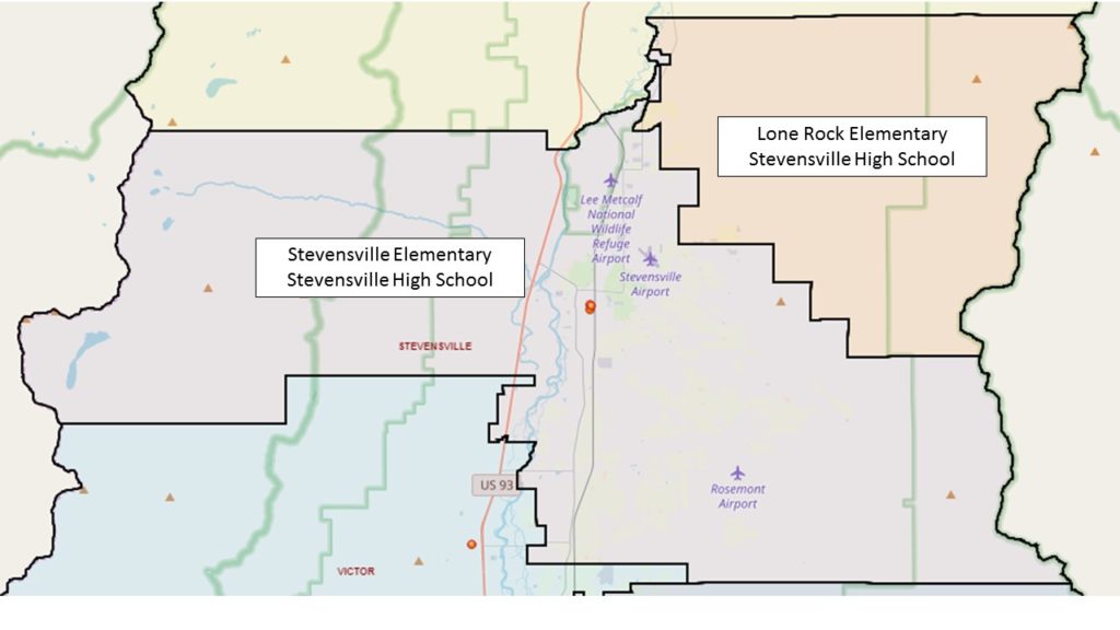 An image of a map showing Lone Rock and Stevensville School Districts