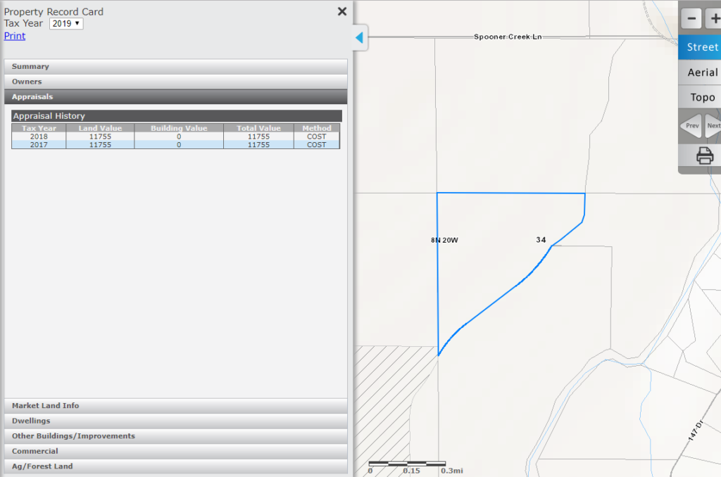 An example page from the Montana Cadastral website showing voters how to find the taxable value.  The image shows the appraisal on the left and a map on the right.